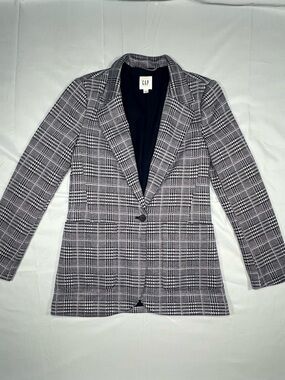 GAP Single Breasted Long Line Blazer Jacket Navy Blue White Plaid Stretch 6